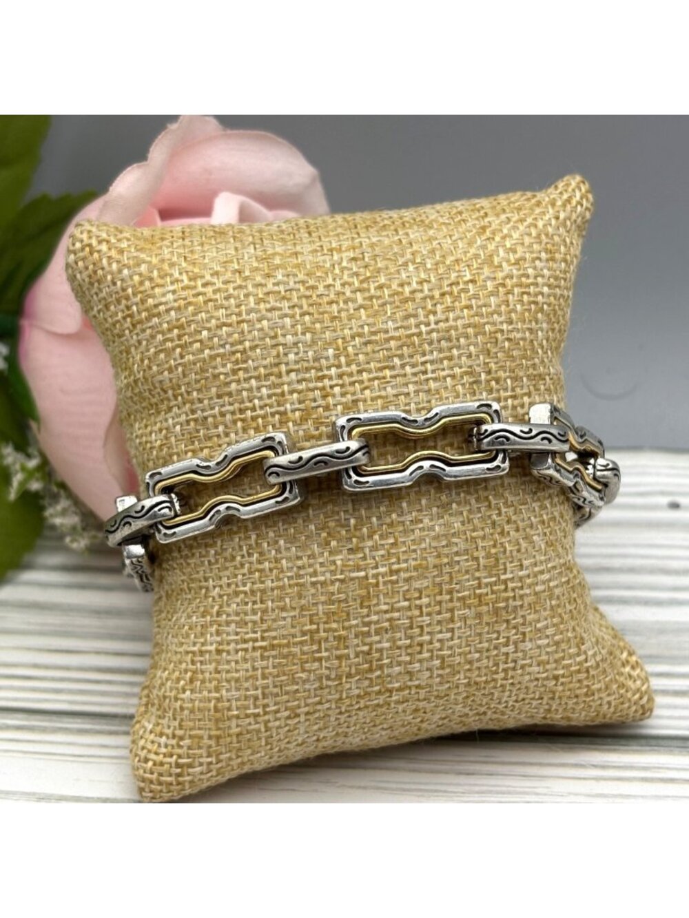 Retired Brighton Two Tone Link Bracelet Toggle Clasp Etched Double Sided 8"